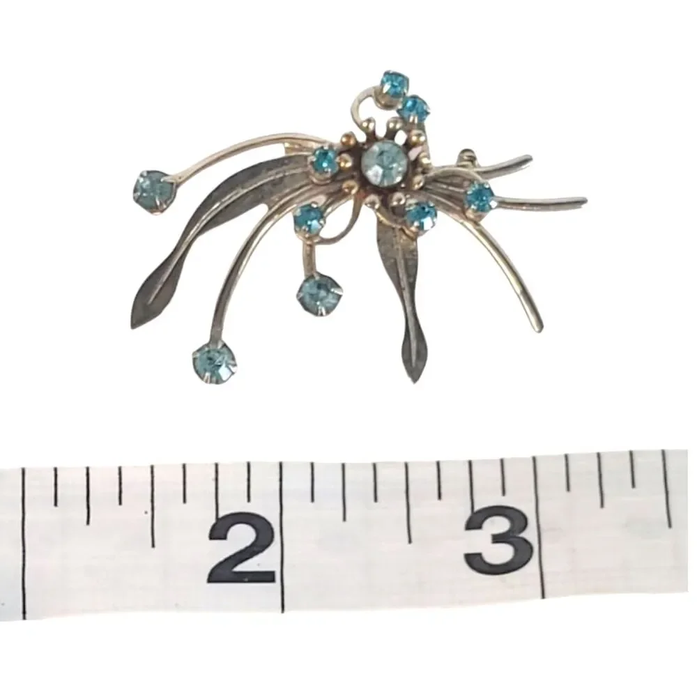 Vintage Asymmetrical AB Rhinestone Metal Flower Brooch Pin Sunburst Art Deco MCM